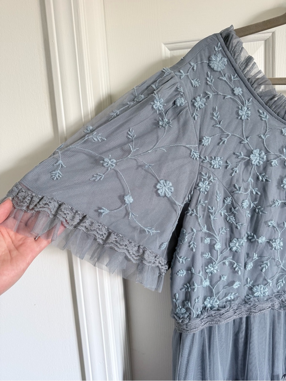 JessaKae Harper Slate Blue floral Embroidered Tiered Tulle Dress, like new 2x - Picture 3 of 14